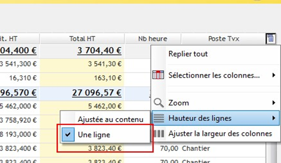 Ajuster la hauteur d'une ligne de devis
