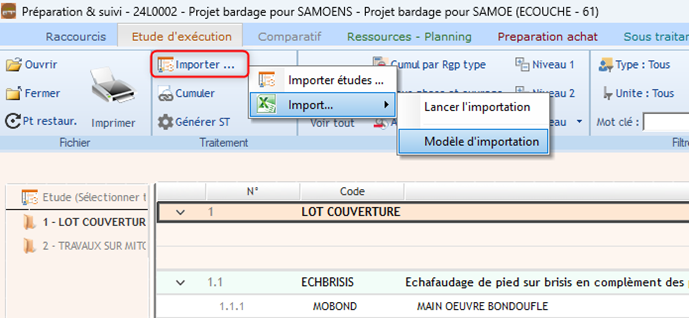 Capture d'import depuis Excel via un modèle d'importation