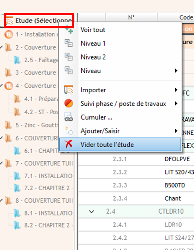 Capture d'écran de la commande Vider toute l'étude