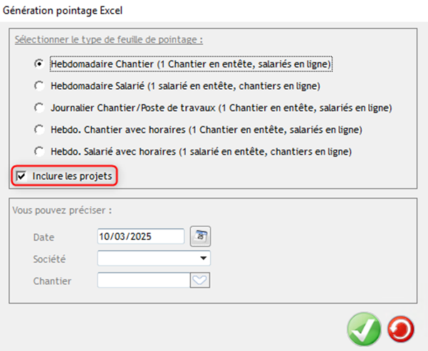 Capture d'écran de la fenêtre Génération pointage Excel et de l'activation du paramètre Inclure les projets
