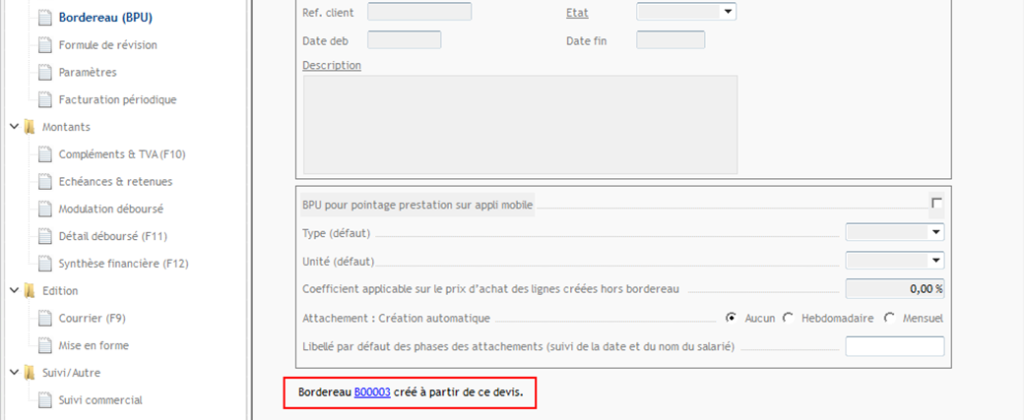 Bordereau créé à partir de devis
