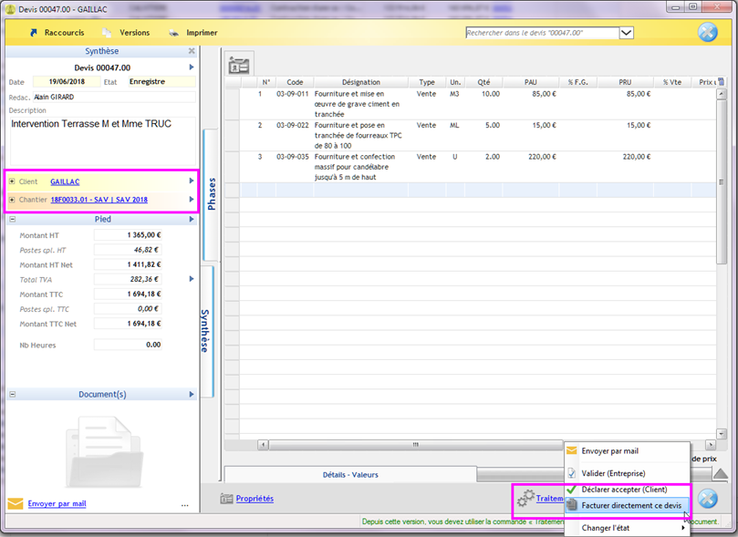 Capture du traitement Facturer directement ce devis dans la fenêtre Devis d'Optim'BTP Entreprise
