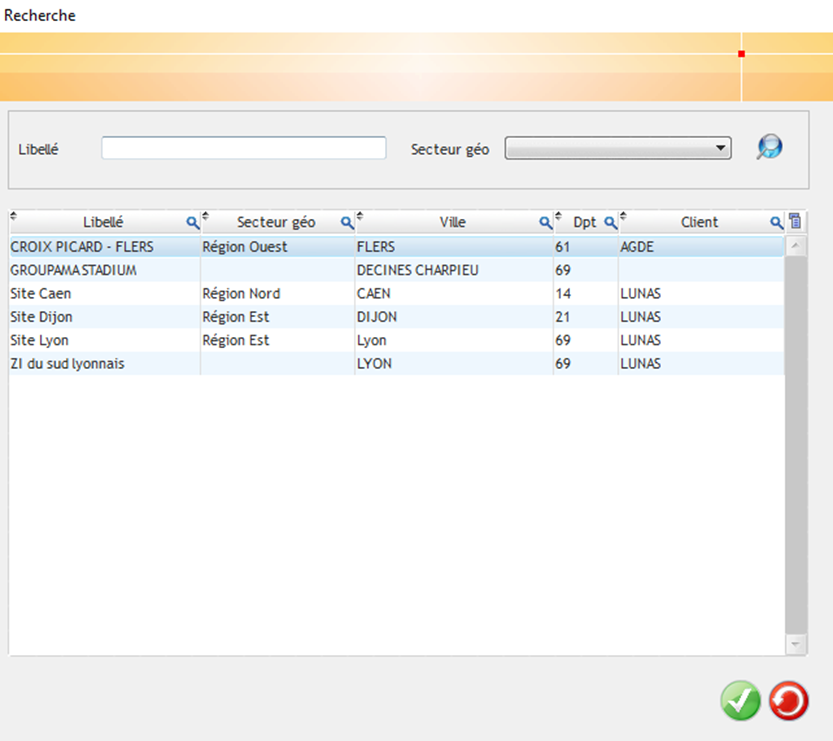 Capture d'écran de la fenêtre de Recherche d'un site existant