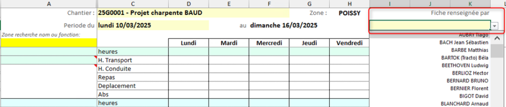 Capture d'écran de la Feuille de pointage et du champ de sélection de la personne qui saisit le pointage