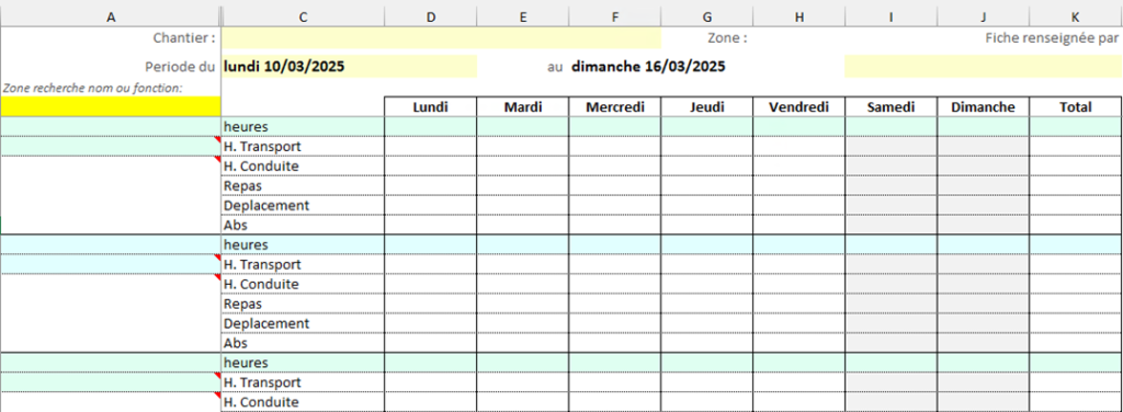 Capture d'écran de la Fiche de pointage pour la saisie des salariés