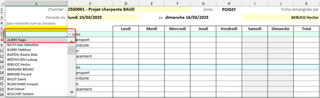 Capture d'écran de la Liste des salariés affichée dans la ligne lors de la saisie de la Fiche de pointage