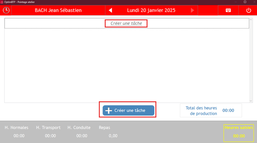 Capture d'écran de la fenêtre pour créer une tâche pour le salarié et l'établissement sélectionnés