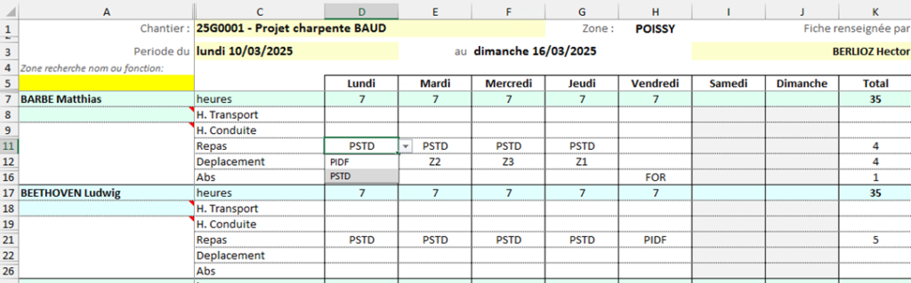 Capture d'écran de la Fiche de pointage et de la saisie des paniers repas pour chaque salarié