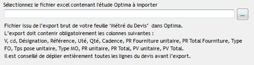 Capture de l'écran d'import du fichier Excel pour les versions antérieures à la V12 Optima