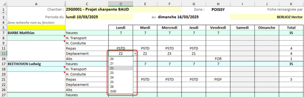 Capture d'écran de la Fiche de pointage et de la saisie des déplacements pour chaque salarié