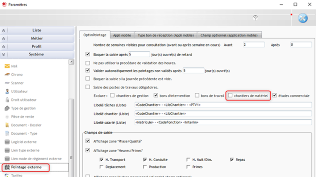 Capture d'écran de la désactivation de l'option chantiers de matériel dans l'onglet Pointage externe de la fenêtre Paramètres