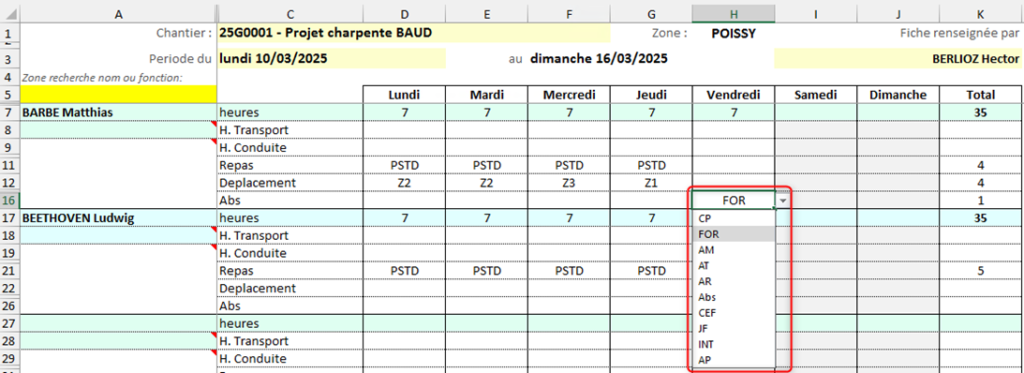 Capture d'écran de la Fiche de pointage et de la saisie des absences et du type d'absence  pour chaque salarié