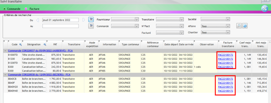 Capture de l'écran Suivi transitaire et la Liste des factures transitaires