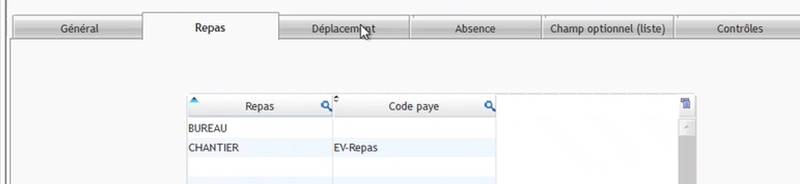 Capture de l'écran de paramétrage Repas