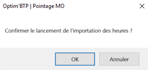 Capture d'écran de la fenêtre de confirmation de l'importation des heures