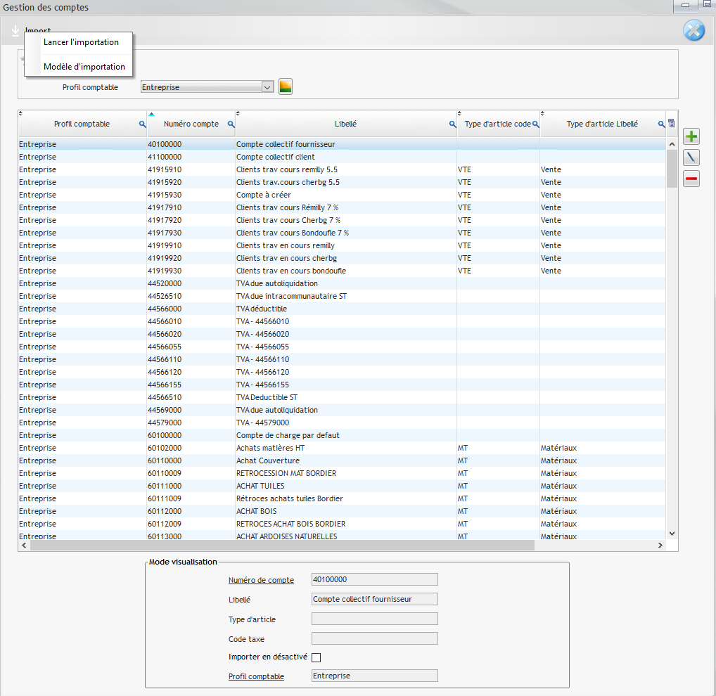 Capture de la Gestion des comptes où se trouve le modèle d'import Excel