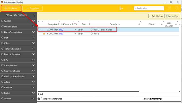 Capture d'écran de la duplication de modèle de devis depuis la liste des modèles