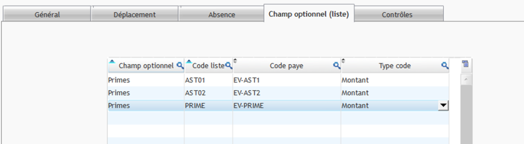 Capture de l'écran de paramétrage Champs optionnels