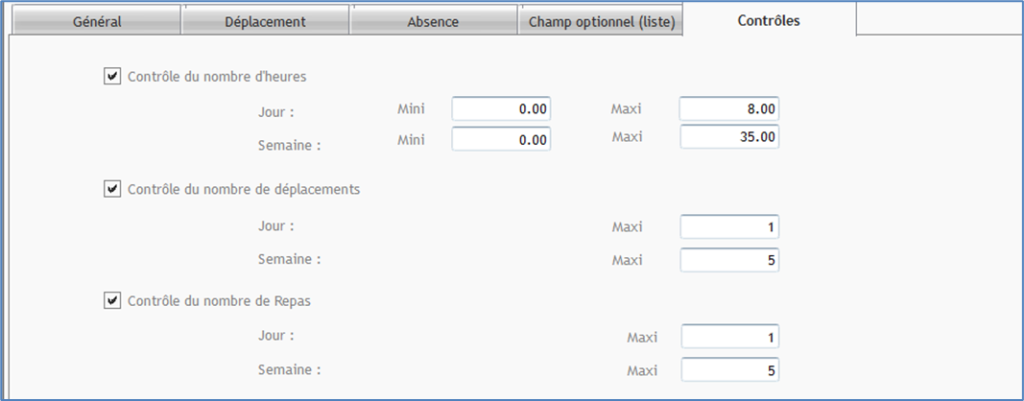 Capture de l'écran de paramétrage Contrôle