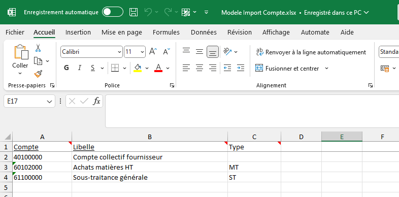 Capture du modèle d'import Excel