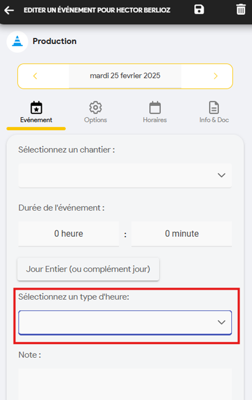 Capture de l'écran de changement du type d'heure dans Optim'BTP Mobil