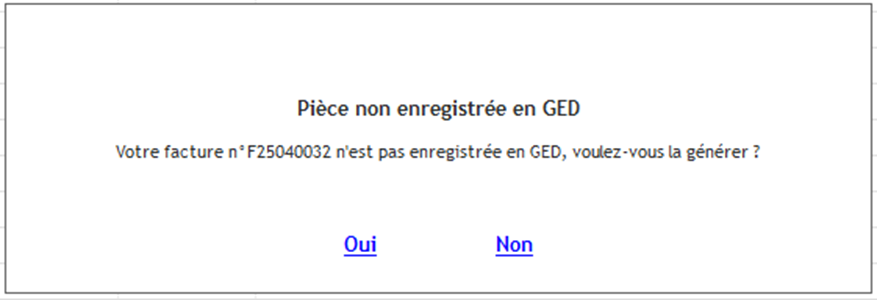Capture d'écran du message d'alerte signalant l'absence de pièce enregistrée en GED