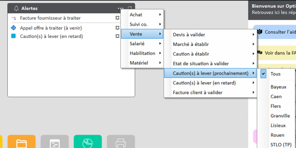 Capture d'écran de l'activation des alertes des cautions à lever depuis le Widget Alertes sur la page d'accueil