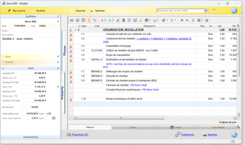 Capture d'écran de la rédaction d'un modèle de devis dans Optim'BTP Entreprise