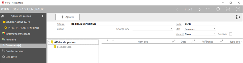 Capture d'écran du dossier créé dans l'onglet Affaire de gestion
