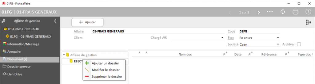 Capture d'écran de la création de sous-dossier dans le dossier GED précédemment créé dans Affaire de gestion