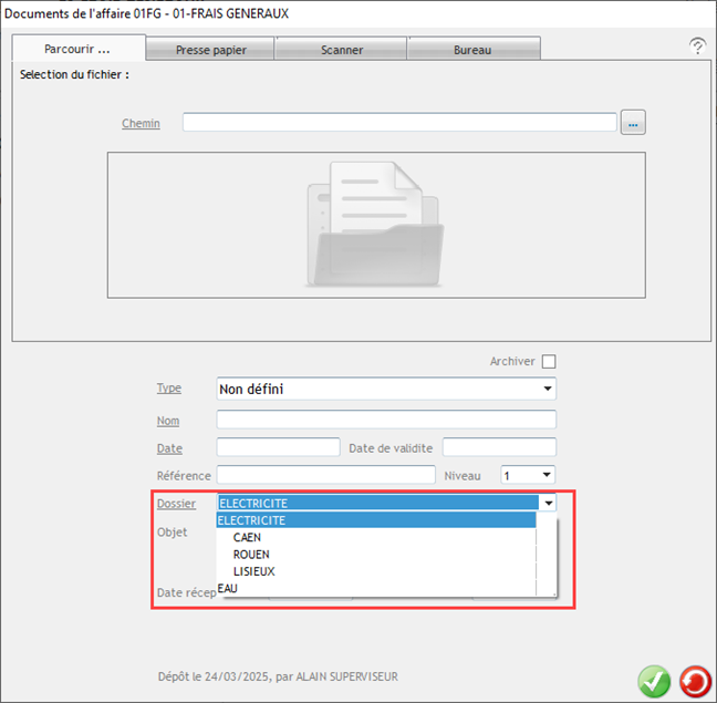 Capture d'écran de l'arborescence visible lors de l'ajour d'un document