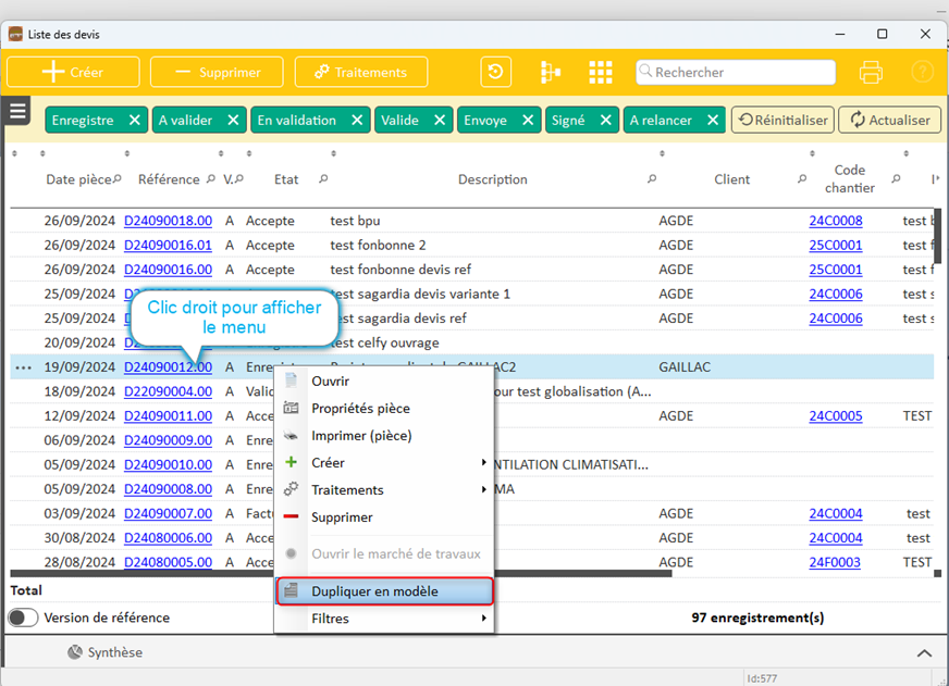 Capture d'écran du menu pour dupliquer un devis existant en modèle via le clic droit depuis la liste des devis