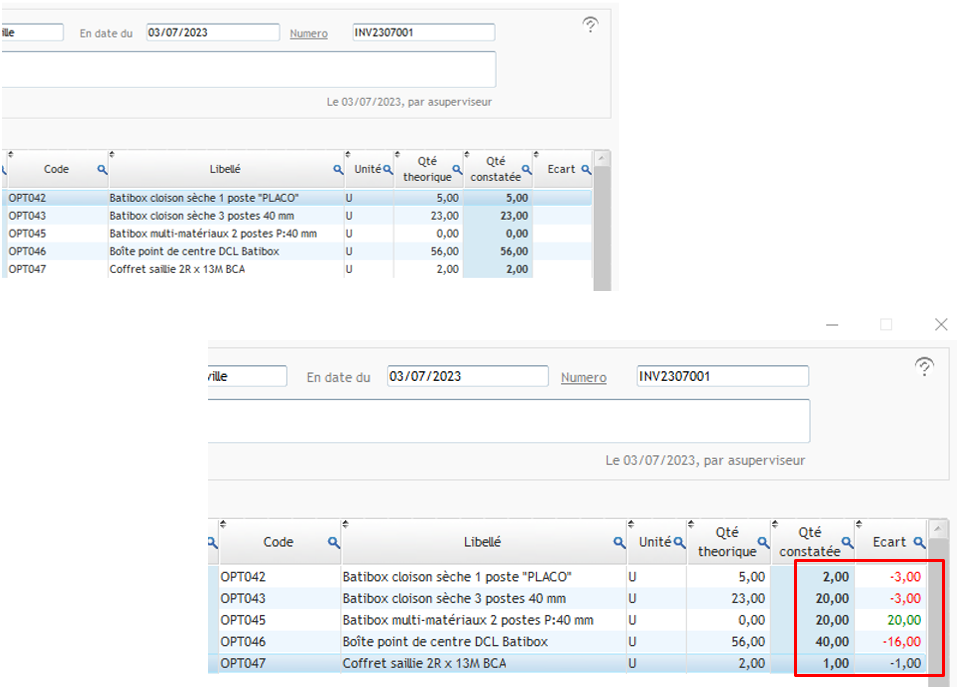 saisie des quantités