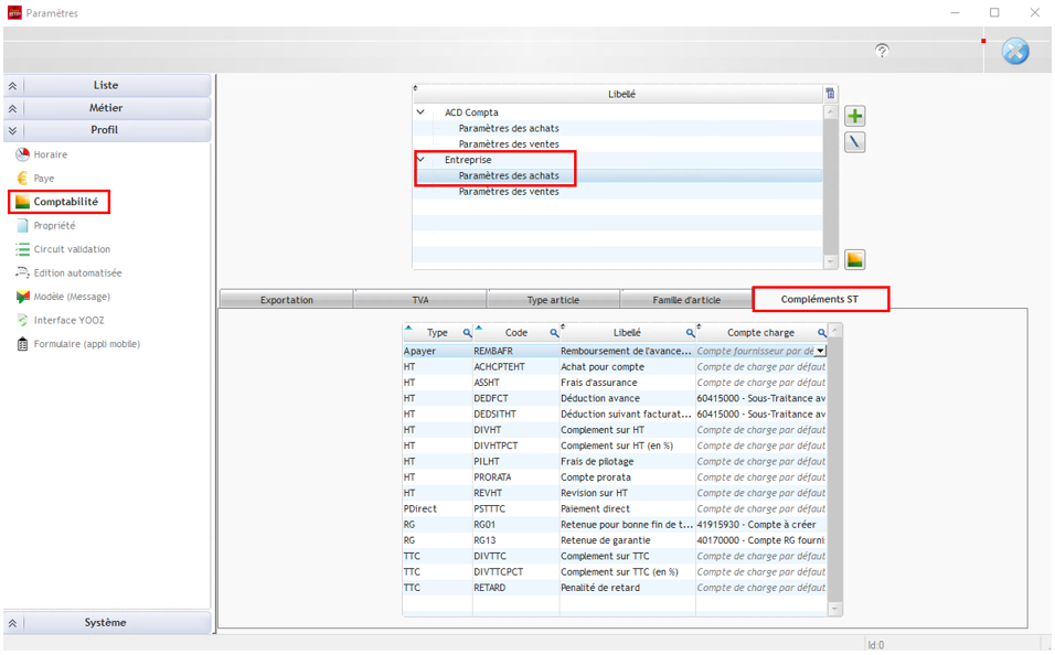 Capture du paramétrage de l'onglet Comptabilité et notamment Compléments ST