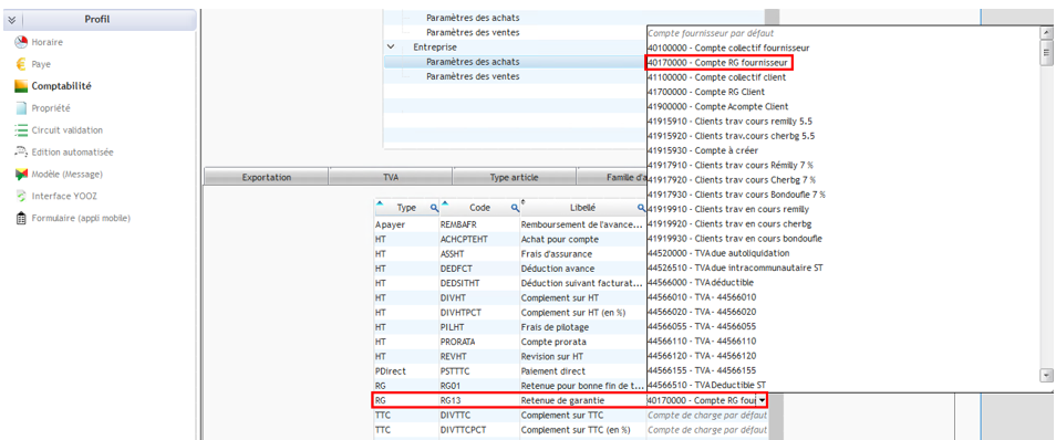 Capture du paramétrage des compléments de facturation de la sous-traitance avec l'exemple de la Retenue de garantie