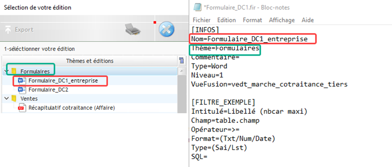Capture d'écran de la personnalisation du fichier fir