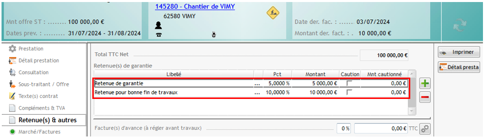 Capture de la fenêtre de sous-traitance et de l'exemple de la retenue de garantie
