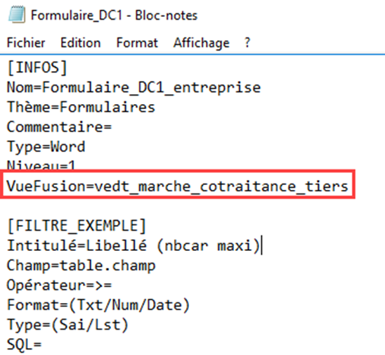 Capture d'écran du champs VueFusion qui ne doit pas être modifié dans la personnalisation du fichier fir