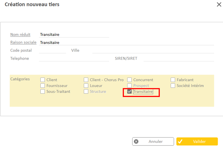 Capture du paramétrage des tiers de type transitaire