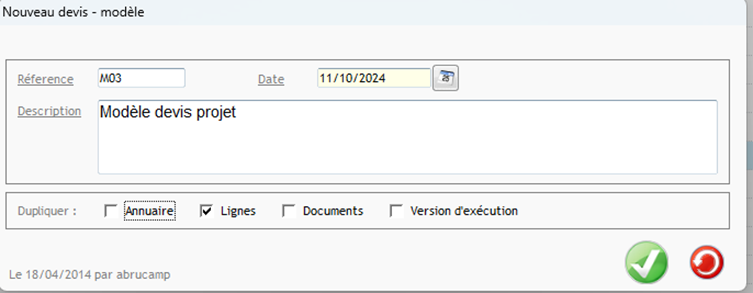 Capture d'écran des éléments à saisir lors de la duplication d'un devis en modèle