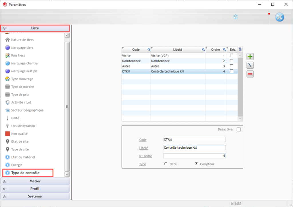Ecran de paramétrage des types de contrôle dans Optim'BTP Entreprise