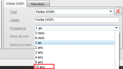 Option de 10 ans dans la fréquence des visites dans la Fiche matériel