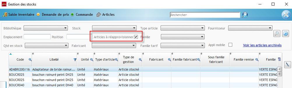 Ecran Gestion des stocks avec un filtre sur les Articles à réapprovisionner