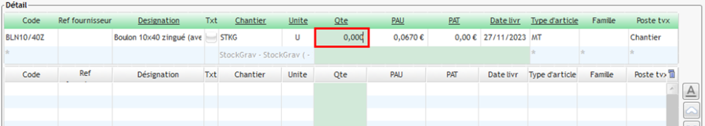 saisie de la quantité d'un article