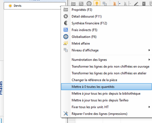 Capture d'écran du menu permettant de mettre à 0 toutes les quantités dans le modèle de devis