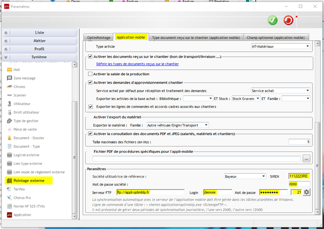 Capture de l'écran Paramètres pour saisir le paramétrage du pointage externe