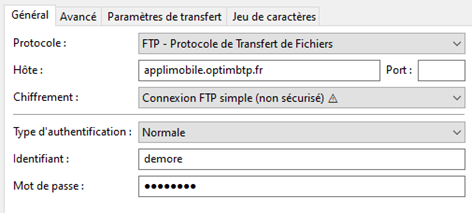 Capture de l'écran de configuration dans le gestionnaire de site