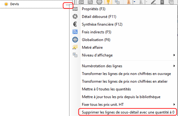 Capture d'écran du menu permettant de Supprimer les lignes de sous-détail avec une quantité à 0