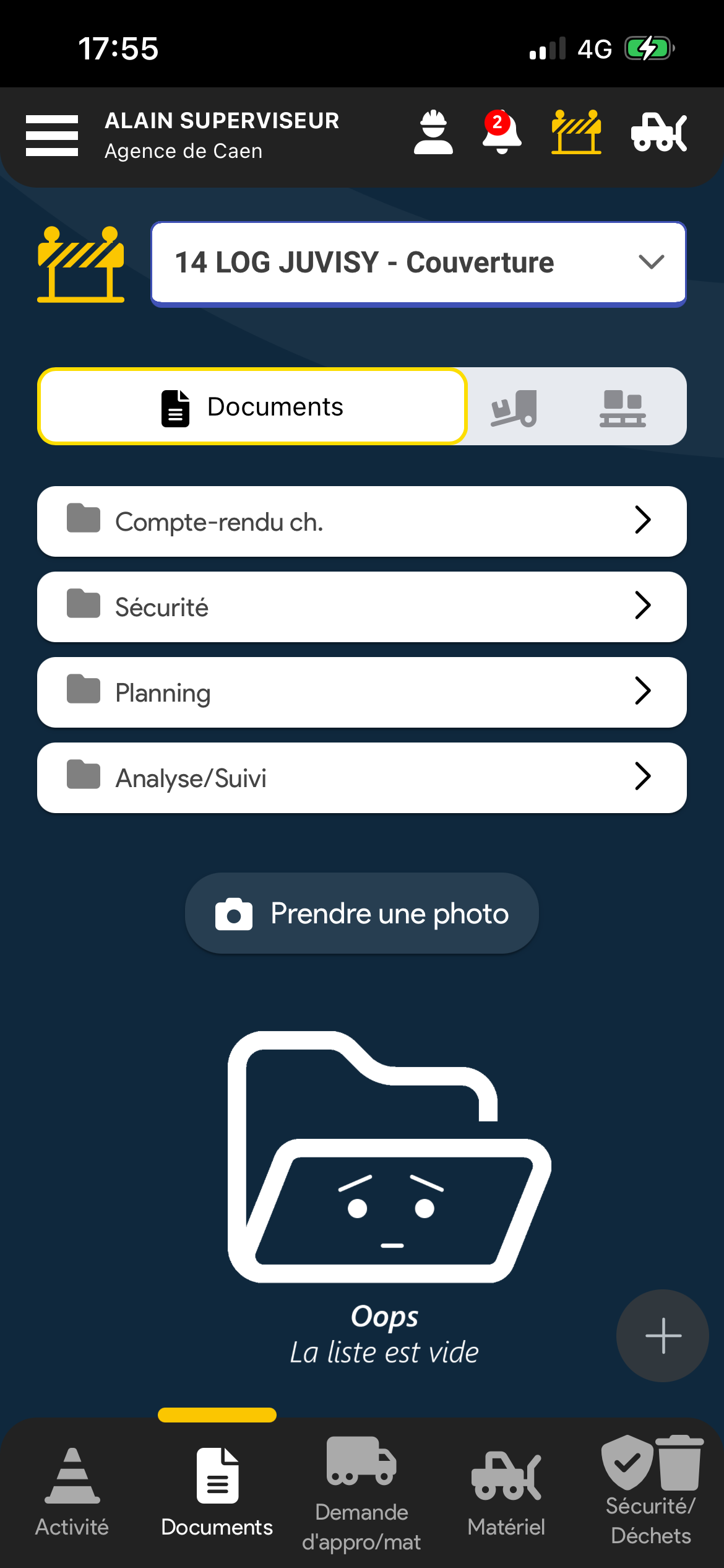 Capture de l'écran Détail de la GED chantier