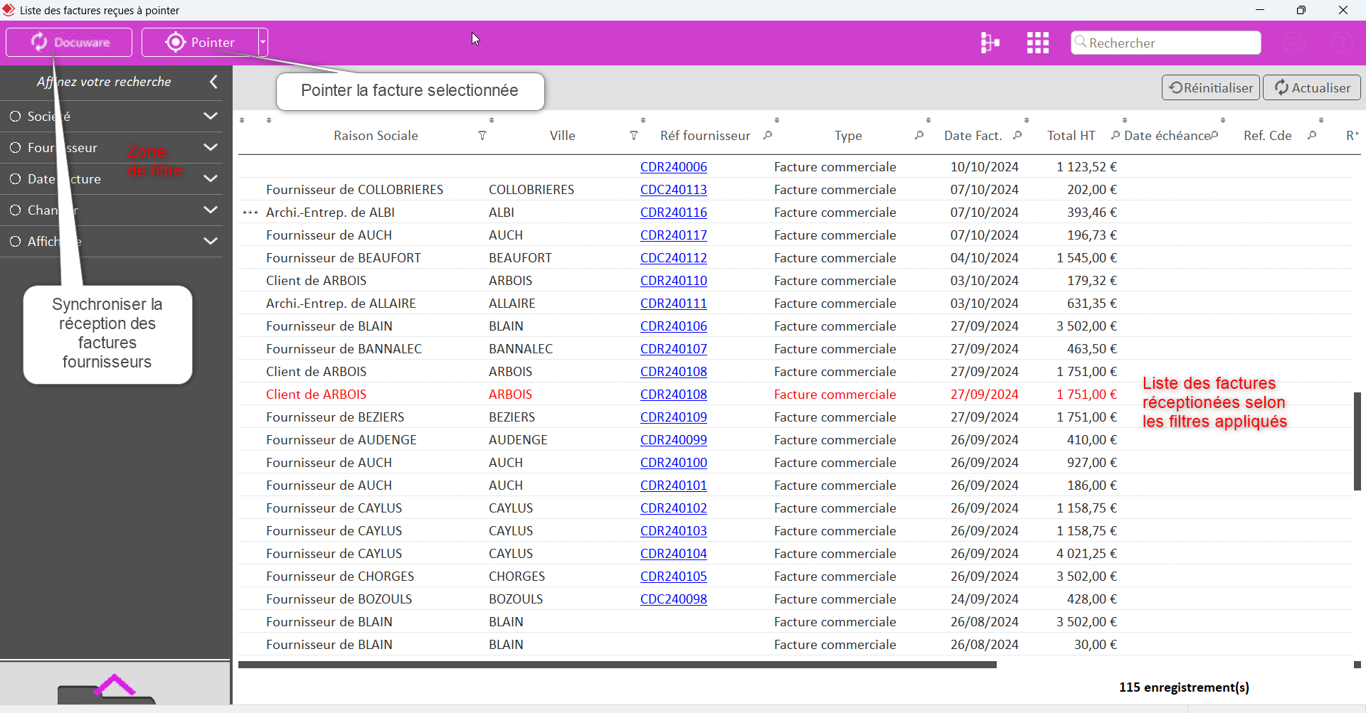 Capture de l'écran Liste des factures reçues à pointer